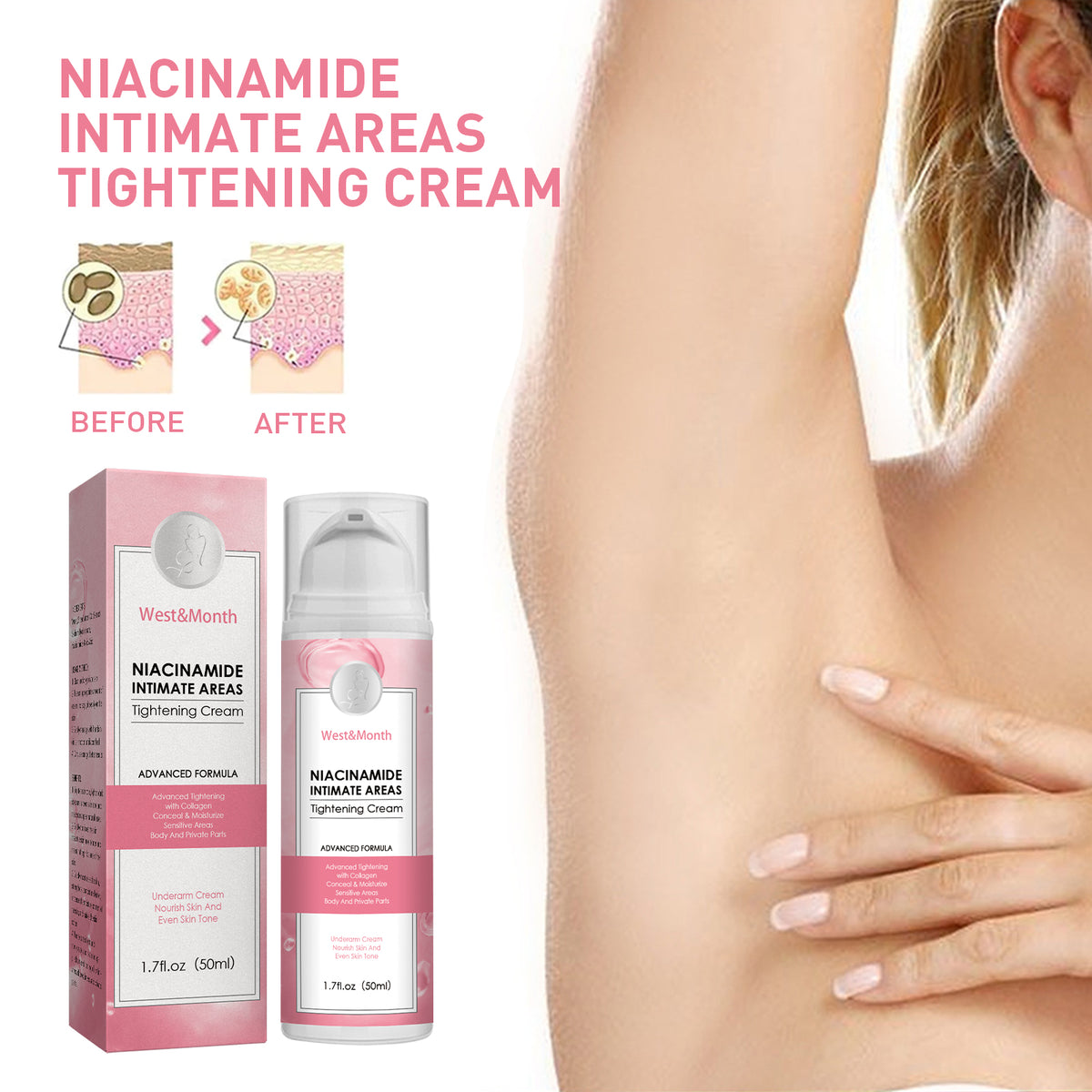 West&Month Niacinamide Intimate Areas Tightening Cream, Fade Dark Skin Even Skin Tone Beauty Skin Whiten Cream